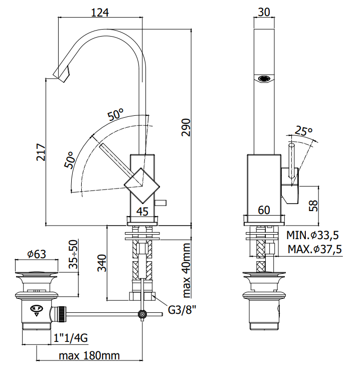 Paffoni level lea877 miscelatore lavabo Con scarico, vista laterale del profilo e della forma