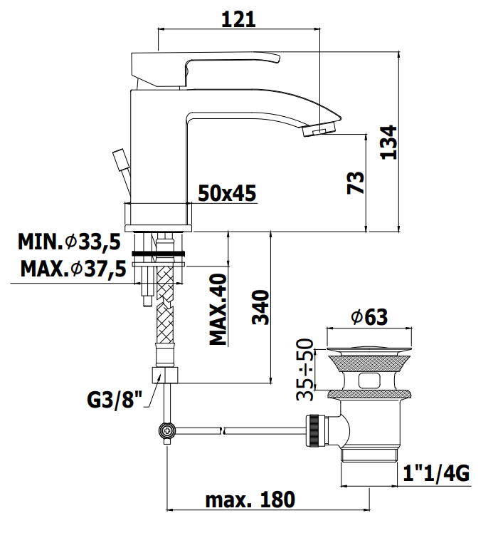 Paffoni Level Les071 Misceltore Monocomando Lavabo senza, vista laterale del profilo e della forma