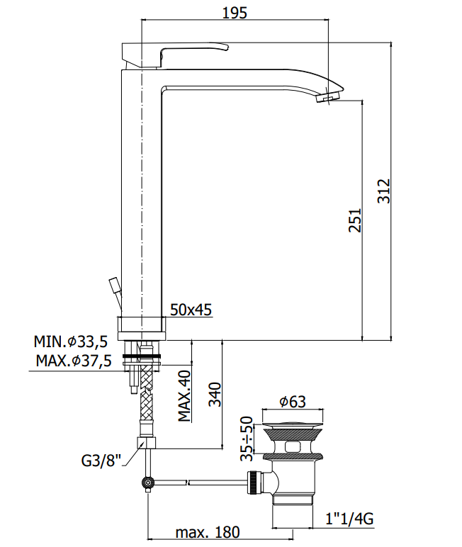 Paffoni Level Les081 Miscelatore Lavabo alto Prolungato, vista laterale del profilo e della forma