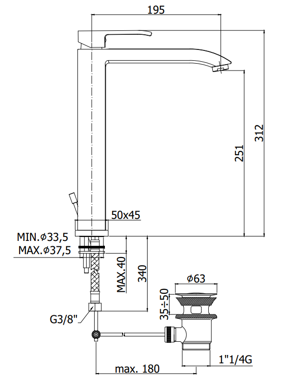 Paffoni Level Les085 Miscelatore Lavabo alto Prolungato con, vista laterale del profilo e della forma