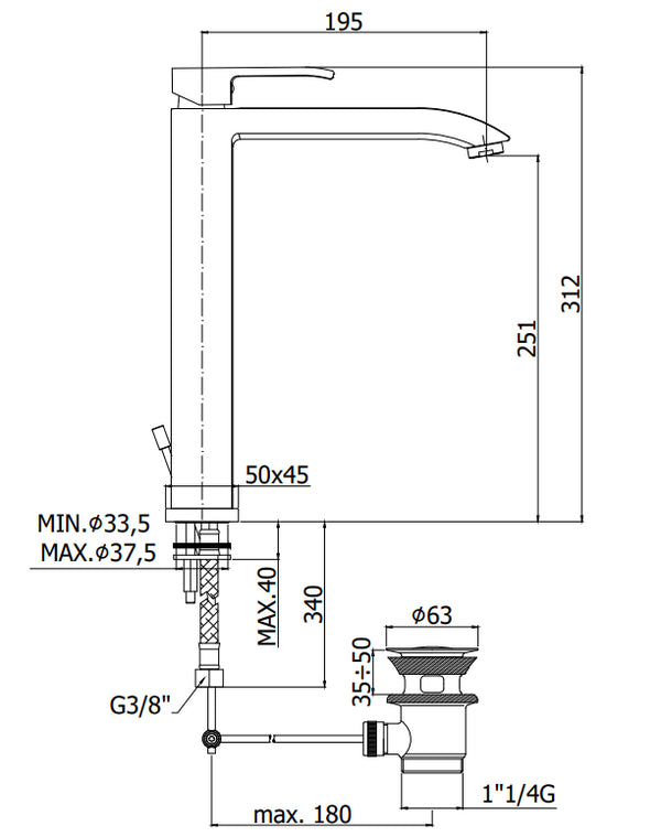 Paffoni Level Les085 Miscelatore Lavabo alto Prolungato con scarico automatico Cromo