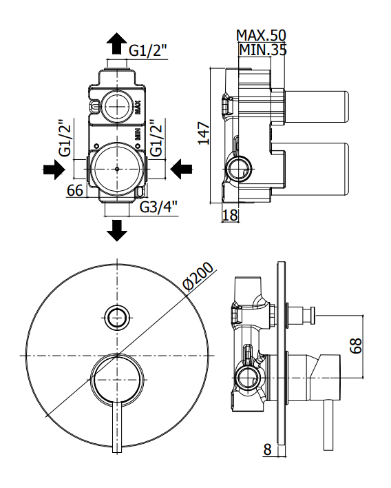 Paffoni Stick Sk015 Miscelatore doccia Incasso Con, componenti inclusi smontati: corpo incasso, placca e rosone