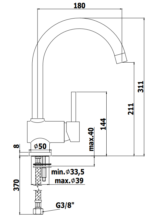 Paffoni Stick Sk180 Miscelatore lavello cucina con Braccio, vista laterale della canna girevole