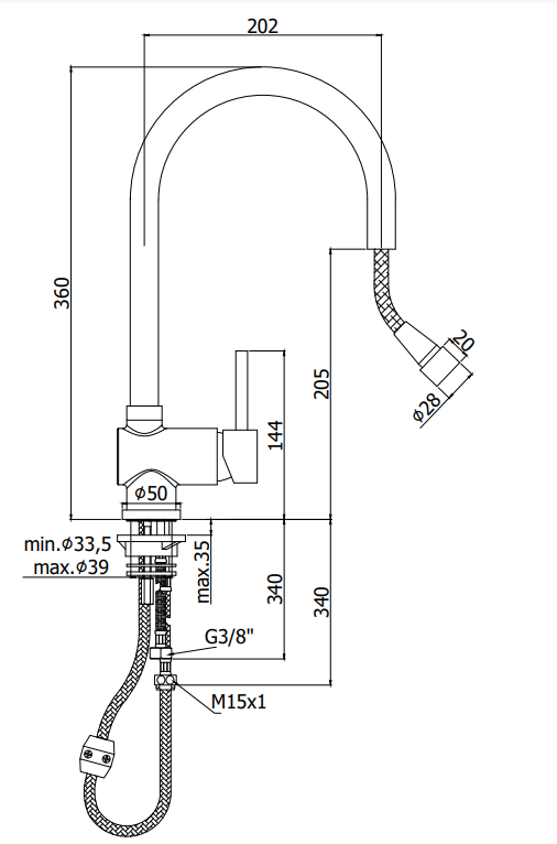 Paffoni Stick Sk185 Miscelatore lavello Estraibile e, vista laterale della canna girevole