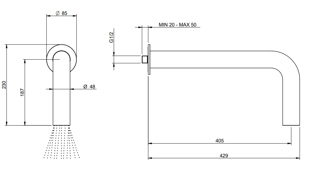 Treemme Watertube RWIT4A47IS02 soffione a parete in acciaio, vista laterale del profilo - Rubinetterie Treemme