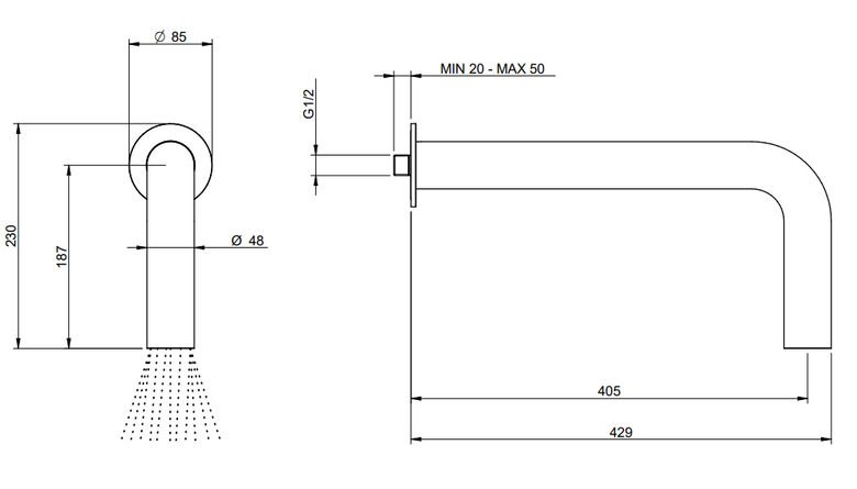 Treemme Watertube RWIT4A47IS02 soffione a parete in acciaio, vista laterale del profilo - Rubinetterie Treemme