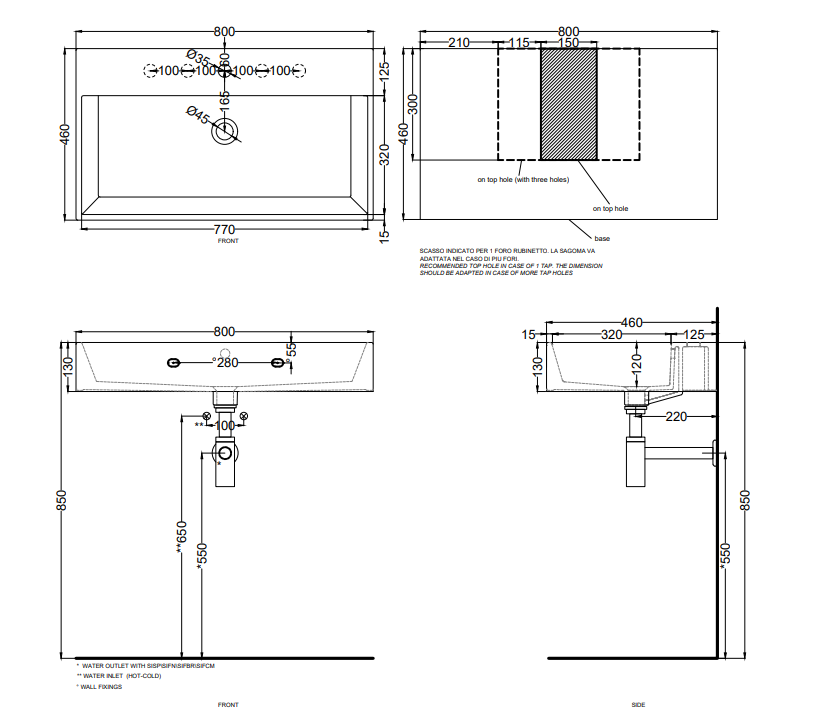 Cielo Smile lavabo 80x46 monoforo rettangolare sospeso o da, vista frontale su sfondo bianco