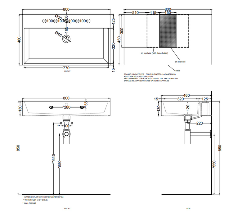 Cielo Smile lavabo 80x46 monoforo rettangolare sospeso o da, vista frontale su sfondo bianco