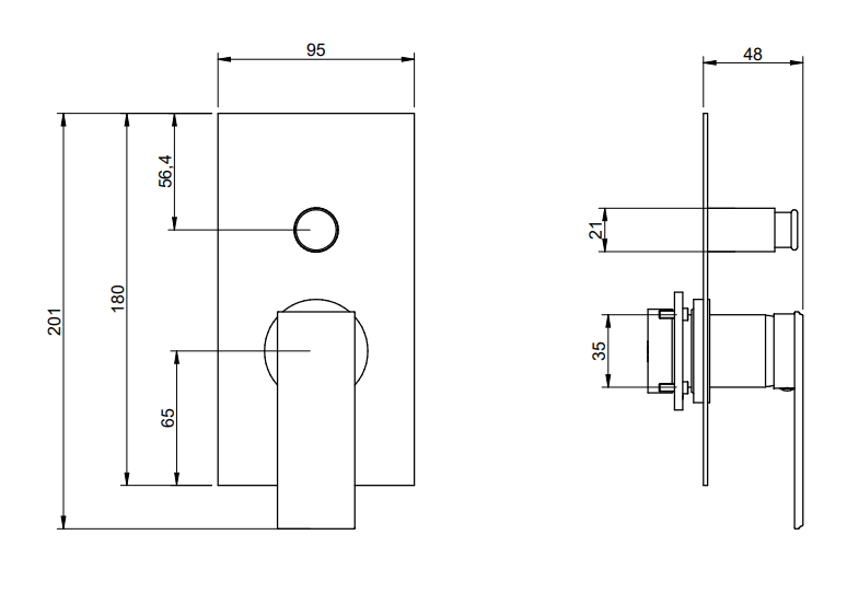 Disegno tecnico con quote di Treemme Los RWIT2AB1CC04 miscelatore monocomando doccia Cromo Lucido - Rubinetterie Treemme