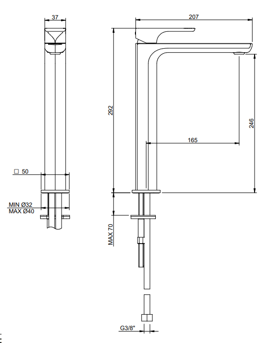 Treemme Hask IT6A18CCHAZZ miscelatore monocomando lavabo Cromo Lucido, vista laterale del profilo e della forma...