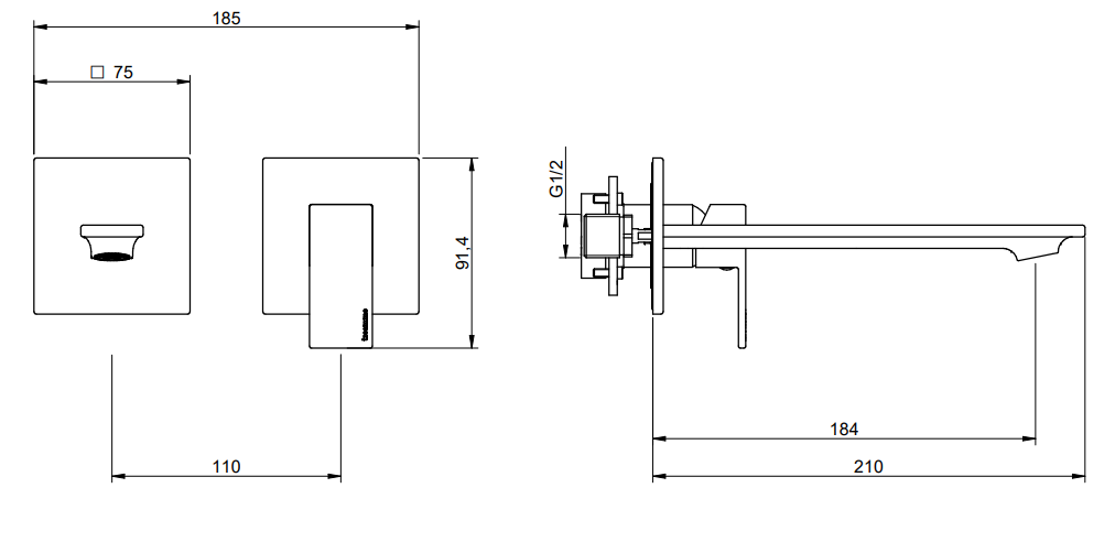 Treemme Q30 RWIT4BC5CC01 miscelatore lavabo incasso 185 mm Cromo Lucido visto dall'alto con scarico e interno visibili...