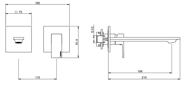 Treemme Q30 RWIT4BC5CC01 miscelatore lavabo incasso 185 mm Cromo Lucido visto dall'alto con scarico e interno visibili...