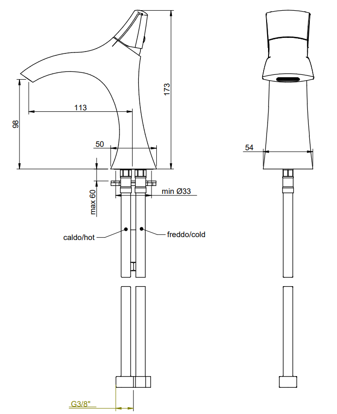 Treemme Hedo miscelatore lavabo bidet 94 mm in ottone cromo Cromo Lucido, vista laterale del profilo e della forma...