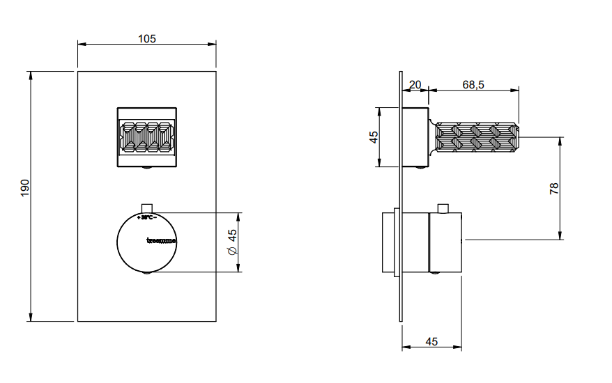 Treemme Kea Termostatico incasso 1 uscita con maniglia in Cromo Lucido, vista laterale del profilo - Rubinetterie Treemme
