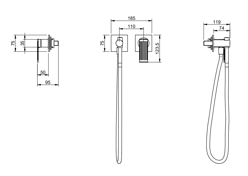 Disegno tecnico con quote di Treemme Los idrocopino bidet wc con miscelatore senza parte Cromo Lucido - Rubinetterie Treemme