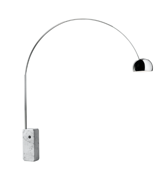Flos Arco Lampada Led a pavimento 240 cm Base in marmo Cromo spenta, dettaglio del corpo lampada e dei materiali