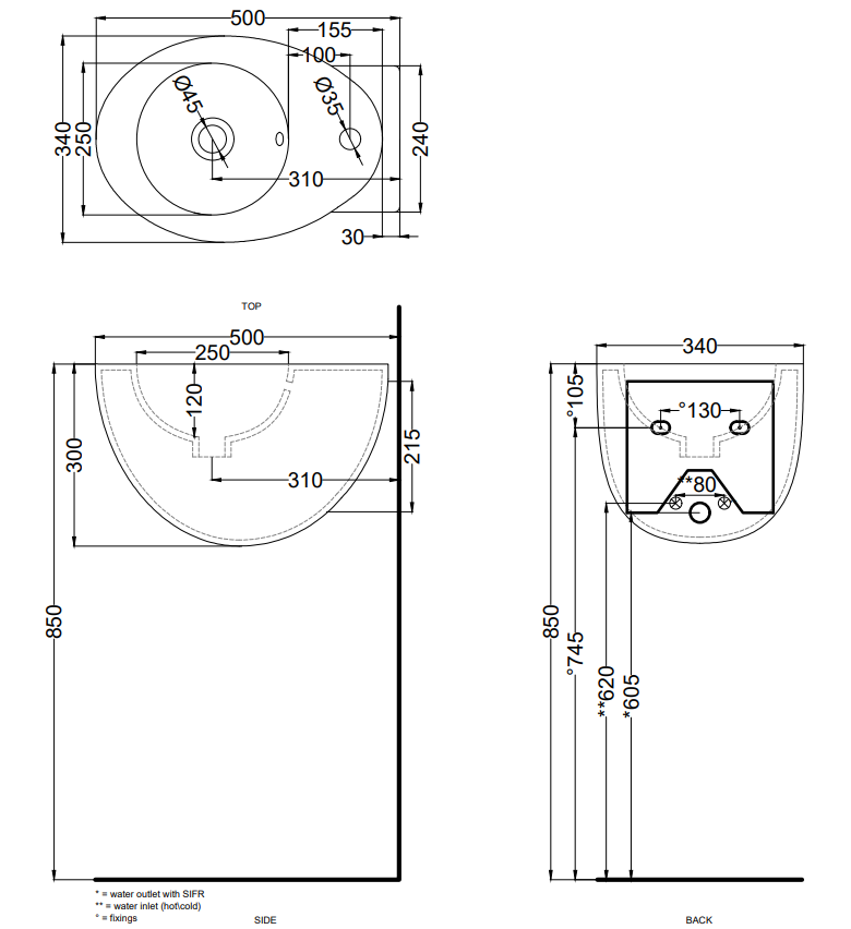 Cielo Le Giare lavabo 34x50 sospeso con troppopieno in, vista frontale su sfondo bianco