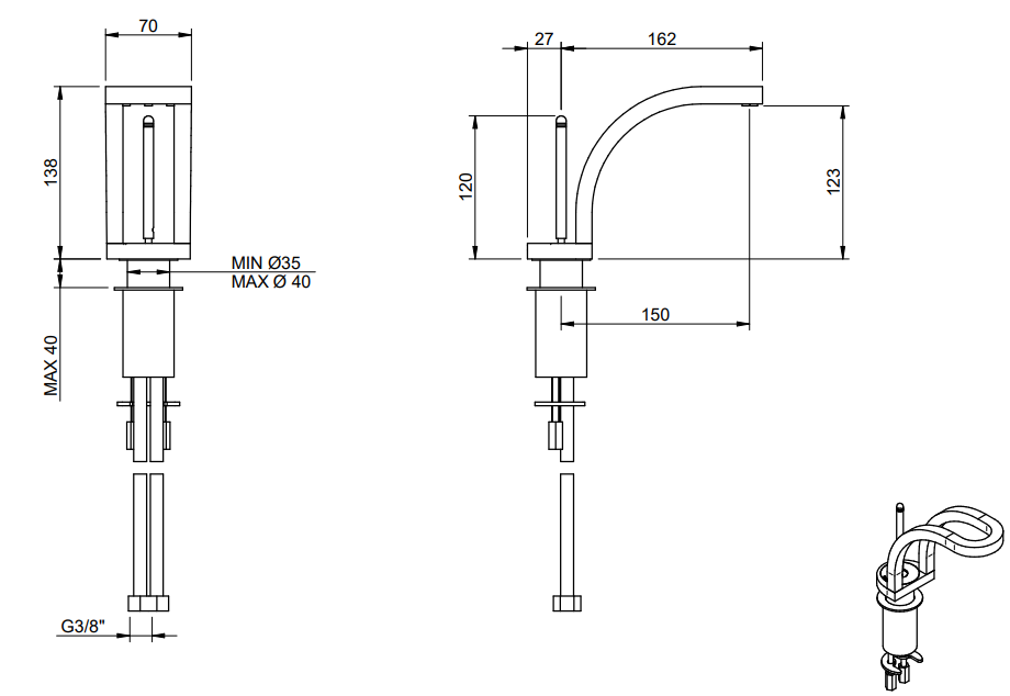 Treemme Philo IT7011CCPDZZ miscelatore monocomando lavabo Cromo Lucido visto dall'alto con scarico e interno visibili...