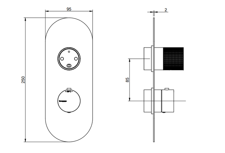 Disegno tecnico con quote di Treemme Watertube RWIT8A46IS19 miscelatore termostatico Acciaio - Rubinetterie Treemme