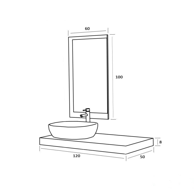 Mobile Bagno 120x50 rovere con mensola lavabo in ceramica e, vista laterale della struttura sospesa - Exagonshop