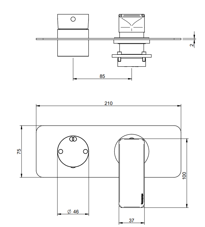 Disegno tecnico con quote di Treemme Hask RWIT6AE2CC01 miscelatore doccia monocomando - Rubinetterie Treemme