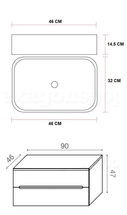 Mobile bagno teak 90x46 cannettato Urbino due cassetti con con lavabo e rubinetteria, vista frontale su sfondo neutro...