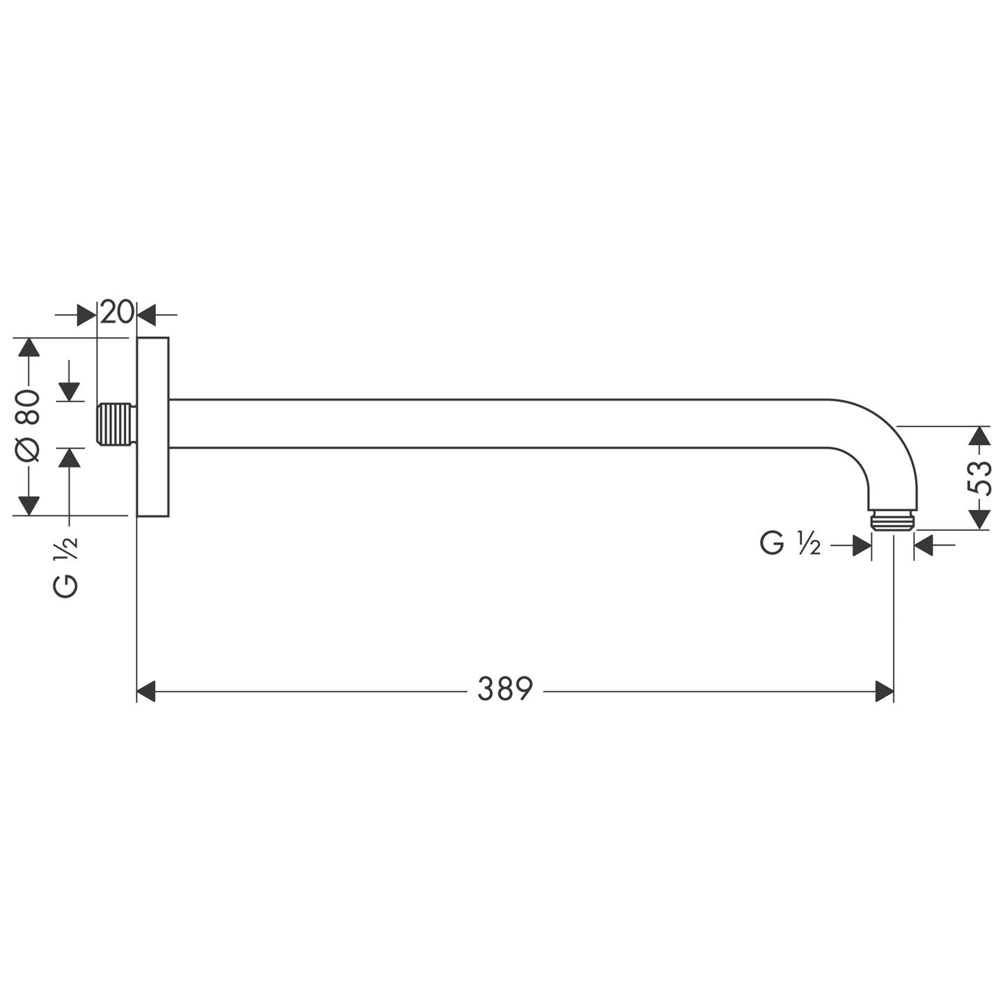 Braccio Doccia 389 mm a Parete in Ottone Cromo Hansgrohe, dettaglio ravvicinato della finitura e del marchio