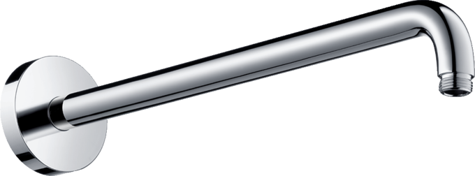 Braccio Doccia 389 mm a Parete in Ottone Cromo Hansgrohe in cromato, vista frontale della maniglia e della bocca di...