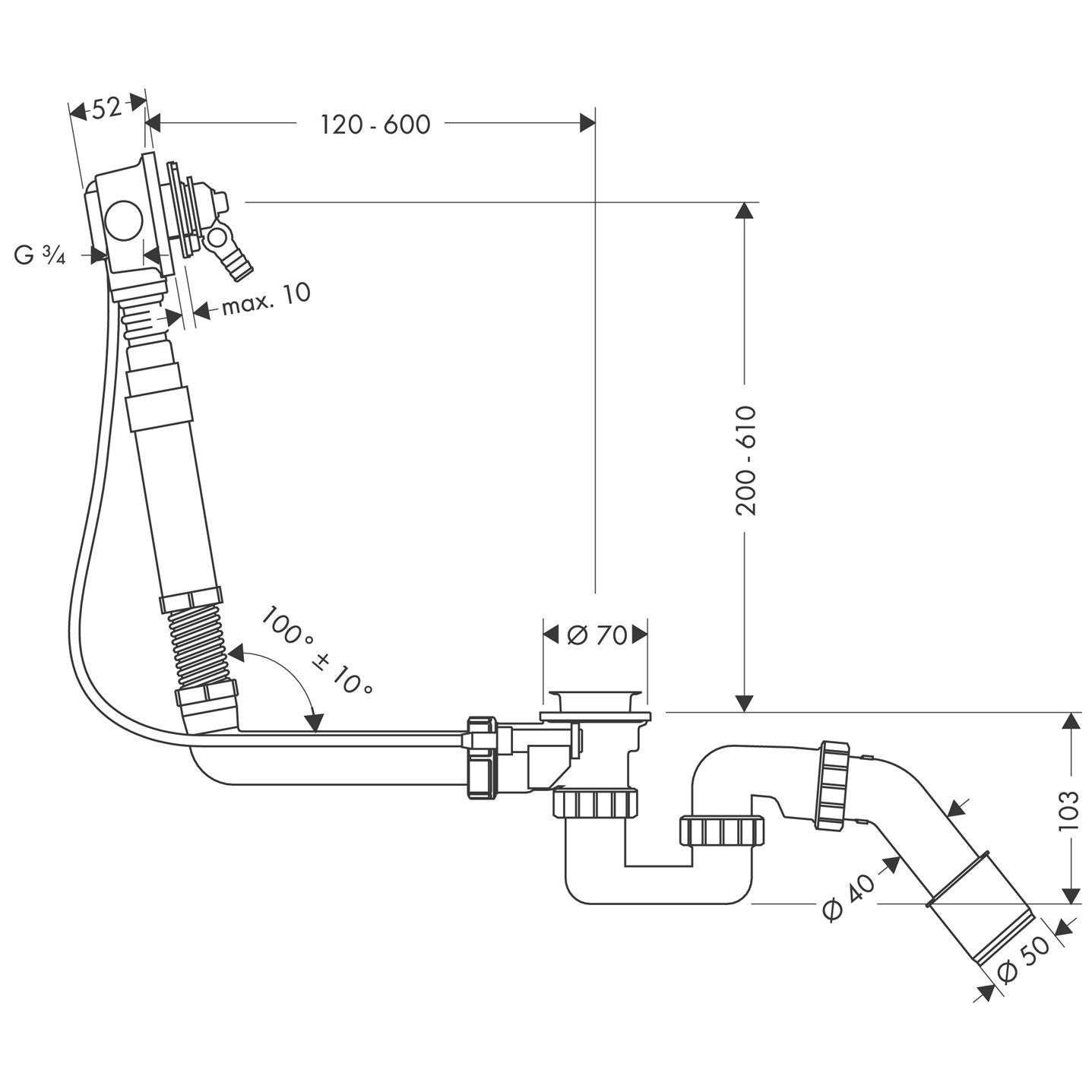 Hansgrohe Exafill Corpo Incasso Per Colonna Scarico Vasca ambientato in box doccia con pareti in vetro