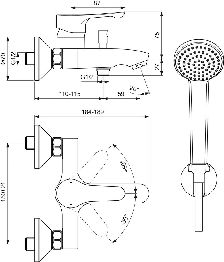 Alpha Ideal Standard Miscelatore vasca esterno con doccetta Cromo Lucido, dettaglio ravvicinato della texture antiscivolo