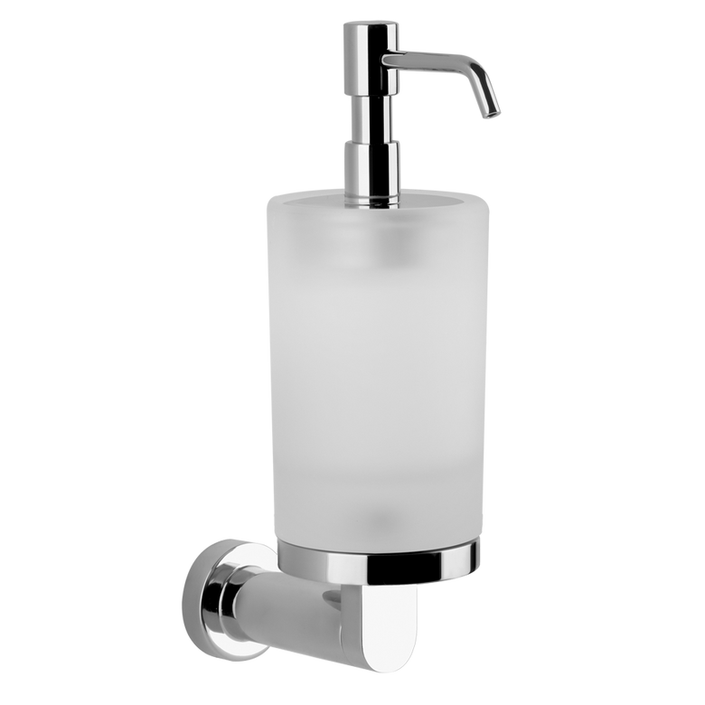 Dispenser porta sapone liquido in vetro satinato cromo Cromo Lucido montato a parete, vista del design e della finitura