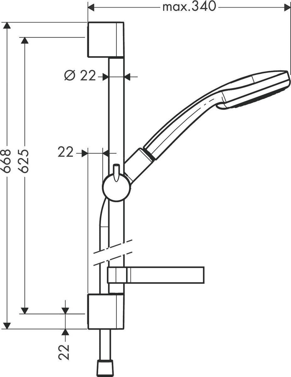 Disegno tecnico con quote di Asta vasca doccia 65 cm Vario con portasapone Hansgrohe Cromo