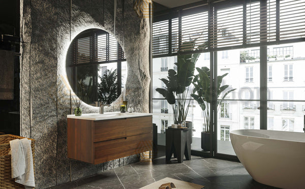 Mobile bagno noce 90x46 Sorrento maniglia sinistra e lavabo in ceramica