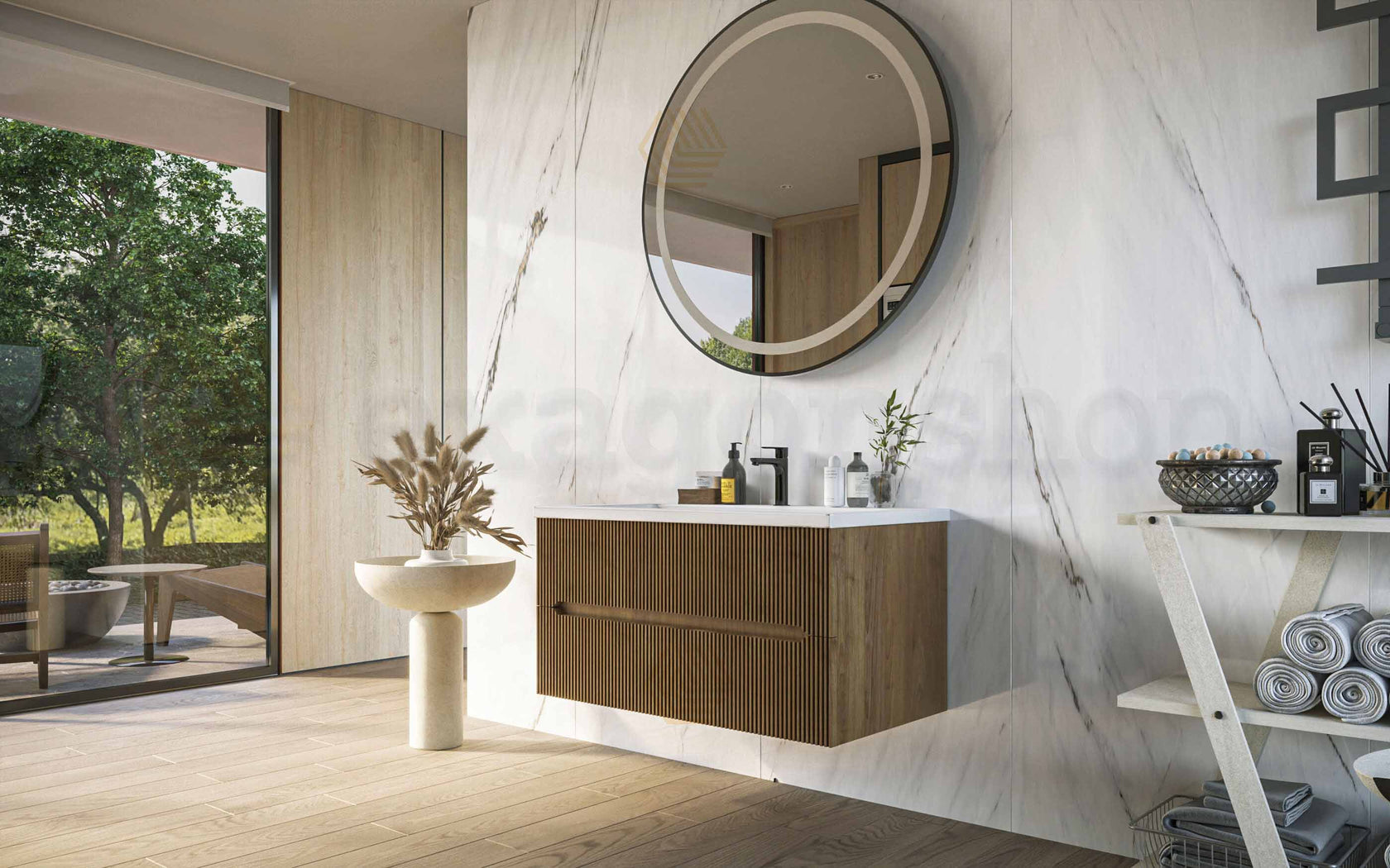 Mobile bagno noce chiaro 90x46 cannettato Urbino con lavabo, vista dall'alto del piano con lavabo - Exagonshop