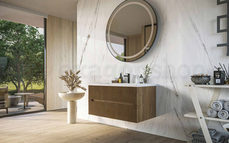Mobile bagno noce chiaro 90x46 cannettato Urbino con lavabo, vista dall'alto del piano con lavabo - Exagonshop