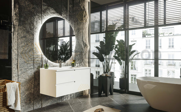 Mobile bagno 90x46 Bianco opaco Sorrento con maniglia sinistra e lavabo in ceramica