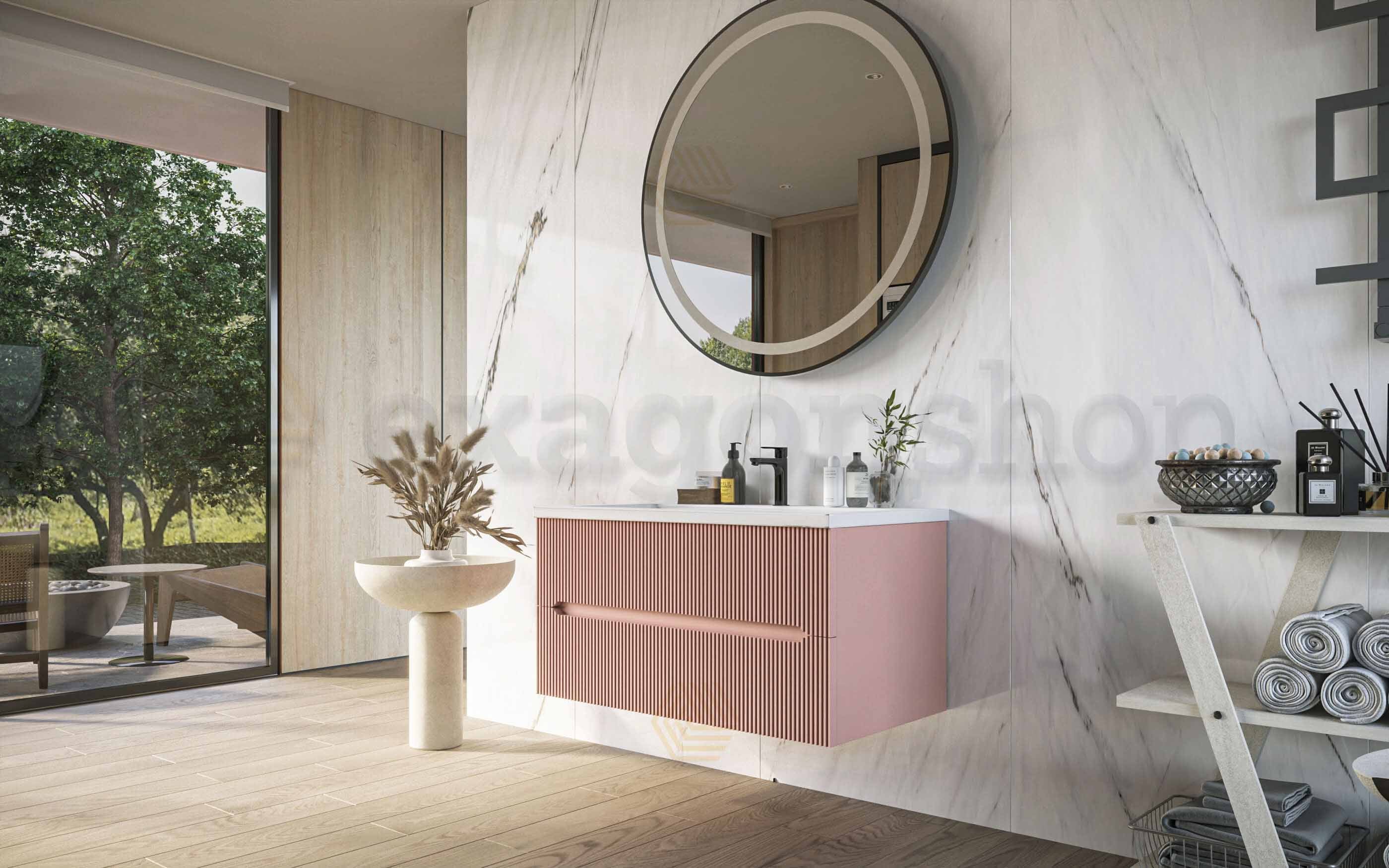 Mobile bagno rosa antico 90x46 cannettato Urbino due cassetti con lavabo in ceramica