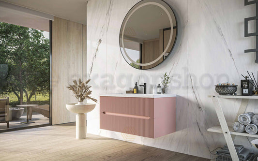 Mobile bagno rosa antico 90x46 cannettato Urbino due cassetti con lavabo in ceramica