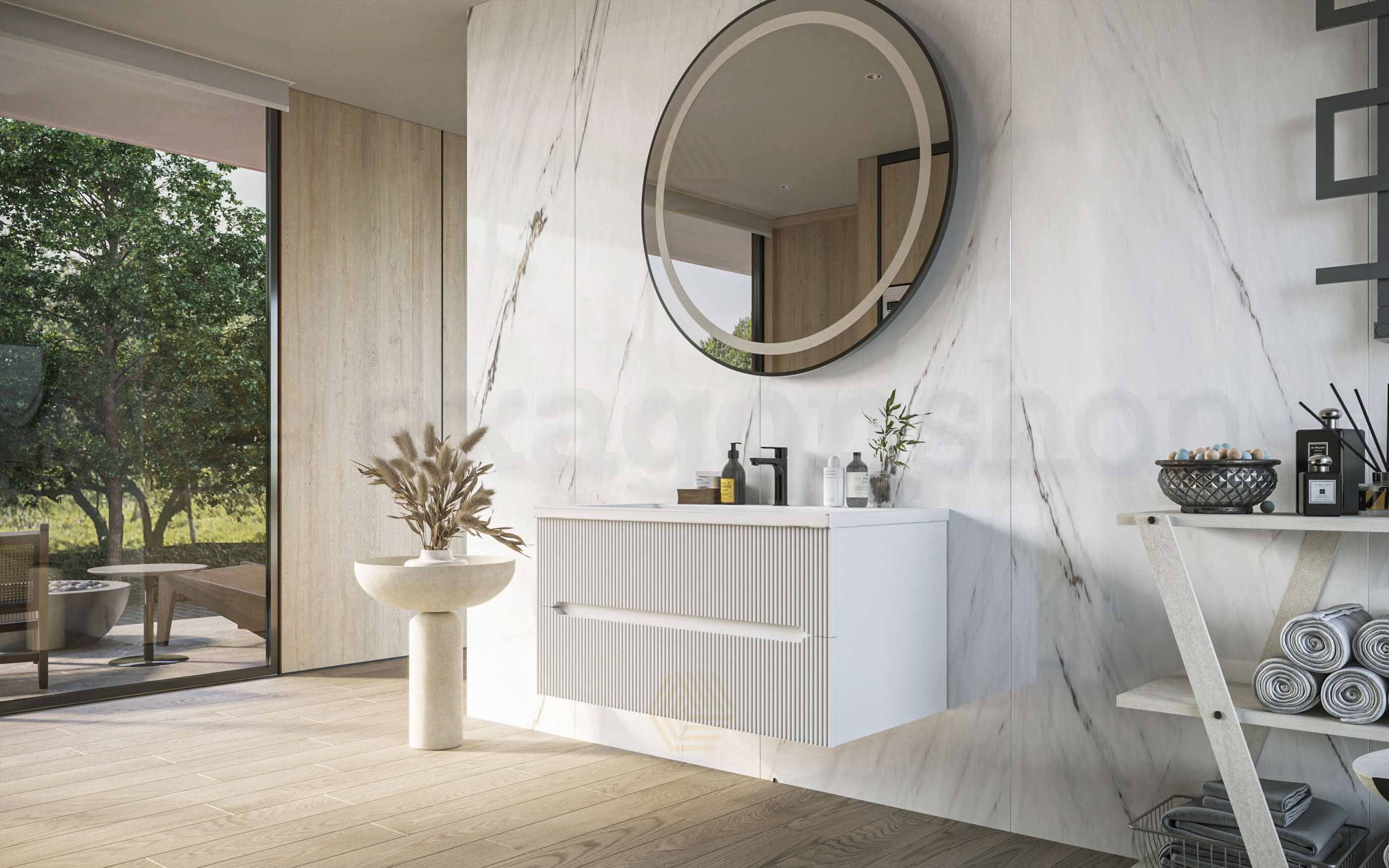 Mobile bagno bianco opaco 90x46 cannettato Urbino due cassetti con lavabo in ceramica