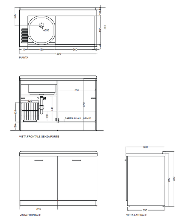 Colavene Active Wash mobile lavatoio 130x65 con vasca destra e cesto portabiancheria estraibile bianco lucido
