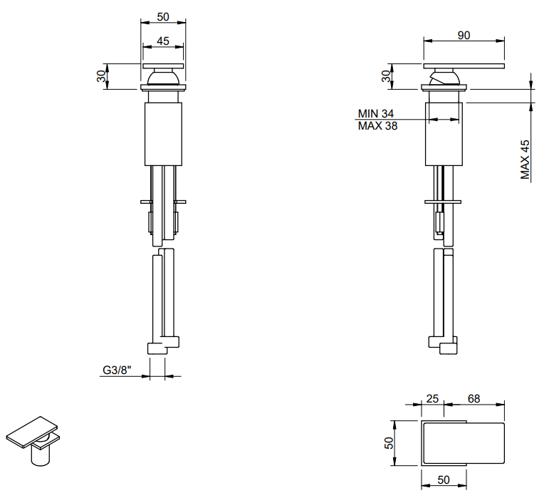 Treemme 5mm miscelatore monocomando remoto da piano per Acciaio, componenti inclusi smontati: corpo incasso, placca e...