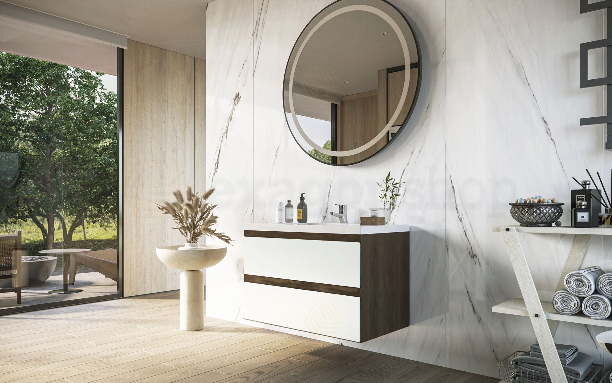 Mobile bagno 80x46 wenge bianco lucido Milo lavabo lucido Noce Scuro, vista laterale della struttura sospesa - Exagonshop