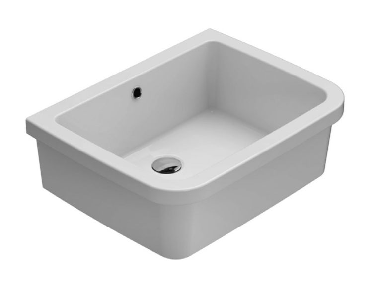 Globo Iris Pilozzo Lavatoio 60x46 in ceramica Bianco Lucido installato su lavello, vista della bocca e della leva...