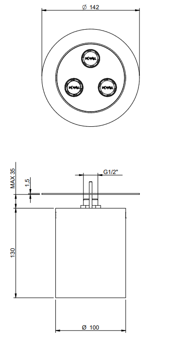 Disegno tecnico con quote di Treemme Watertube ITRTBR418IS soffione doccia a soffitto in - Rubinetterie Treemme