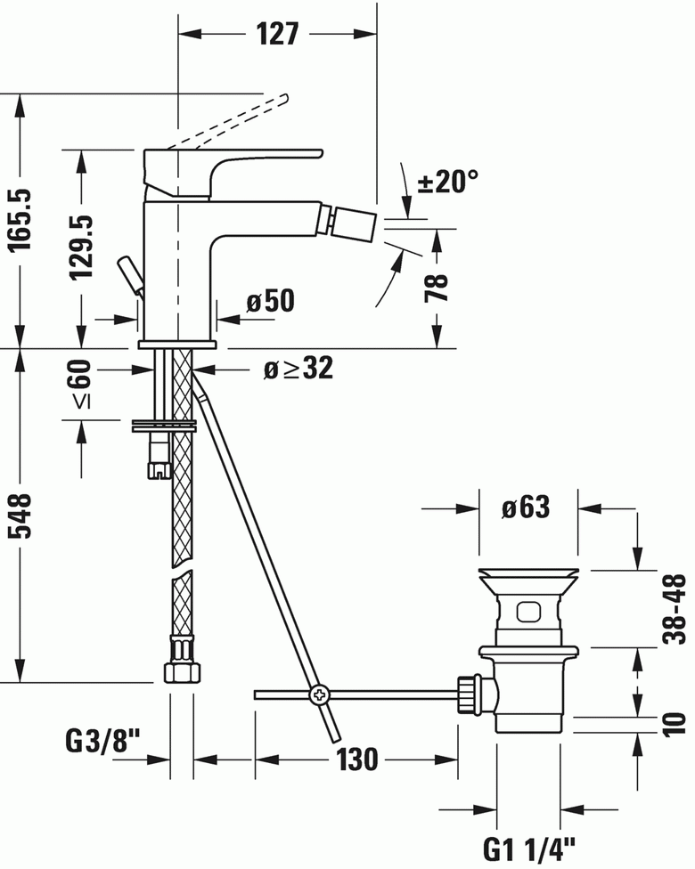 Disegno tecnico con quote di Duravit B1 Miscelatore bidet Monocomando cromo - Duravit