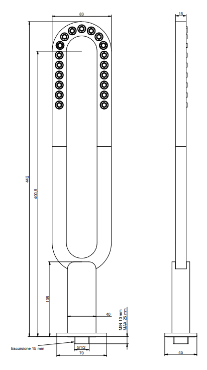 Treemme Philo RWIT7007CC01 soffione a parete 442 mm con Cromo Lucido, vista laterale del profilo - Rubinetterie Treemme