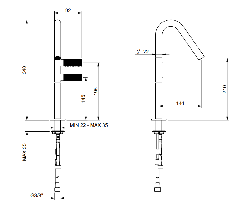 Treemme 22mm IT3053IS2GZZ miscelatore lavabo monoforo in visto dall'alto con scarico e interno visibili - Rubinetterie...