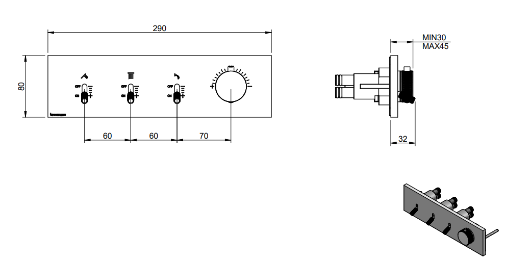 Disegno tecnico con quote di Treemme Watt RWIT2B94CC01 miscelatore termostatico incasso Cromo Lucido - Rubinetterie Treemme