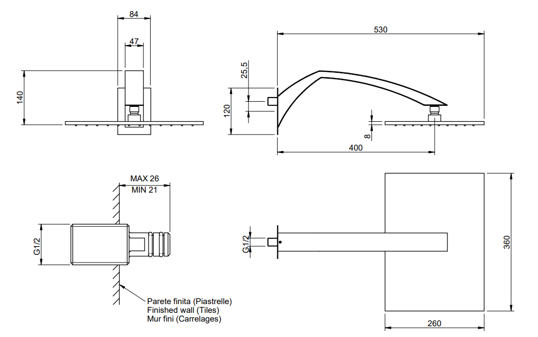 Treemme Arche RWIT0247CC01 soffione doccia 26x36 a parete Cromo Lucido, componenti inclusi smontati: corpo incasso...