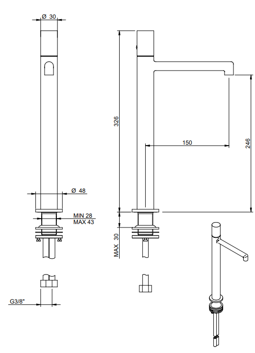 Treemme T30 Miscelatore lavabo alto in ottone cromo Cromo Lucido visto dall'alto con scarico e interno visibili...